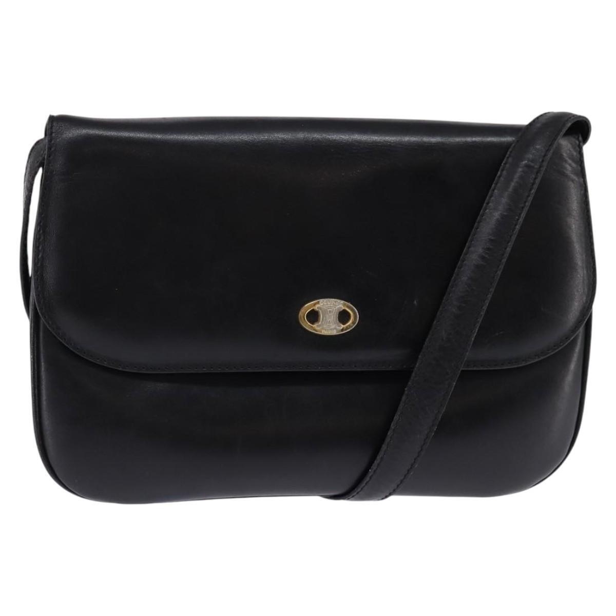 Celine Shoulder Bag Leather Black Gold Auth Ba6109